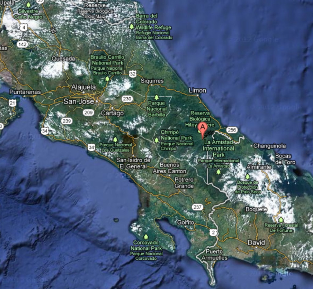 Point A is the approximate location of Bajo Coén, near 100 meters elevation (Coroma, Costa Rica. Google Maps. Google, Feb. 9, 2013)